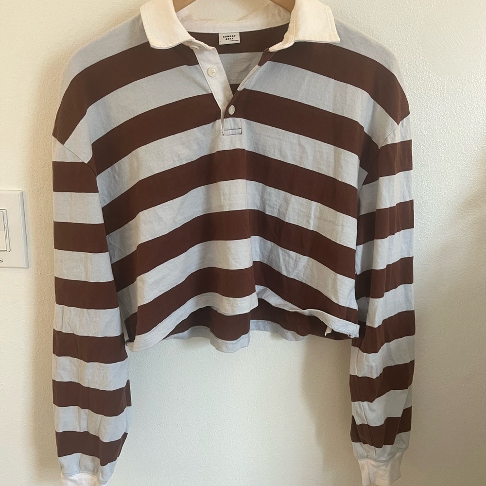 Aritiza Sunday Best Brown and Cream Striped Cropped Rugby Top